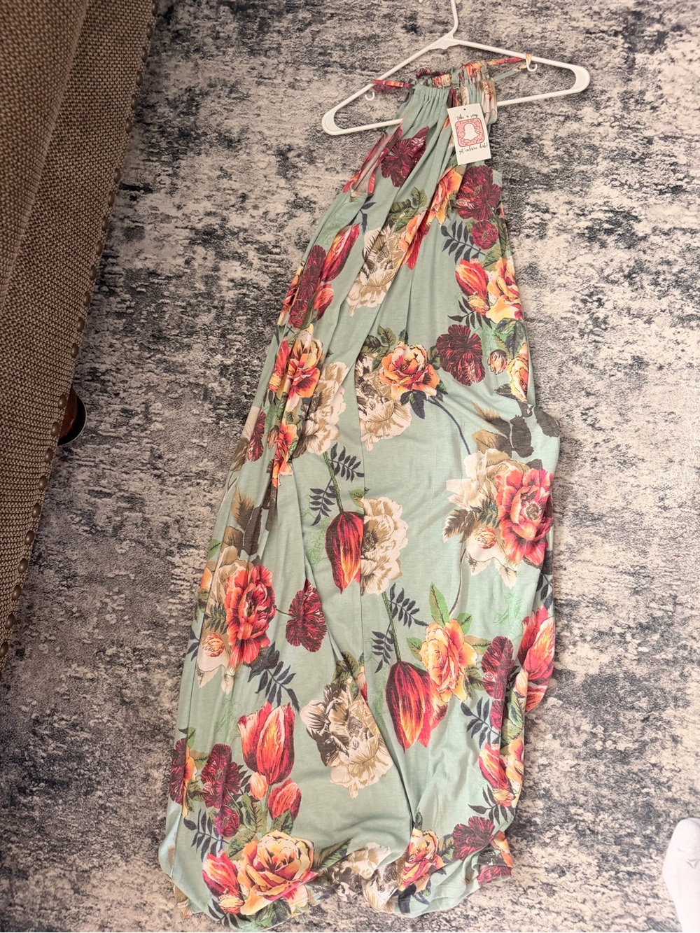 Adeline Floral Halter Maxi Dress - Sage Green with Red & Yellow Blooms